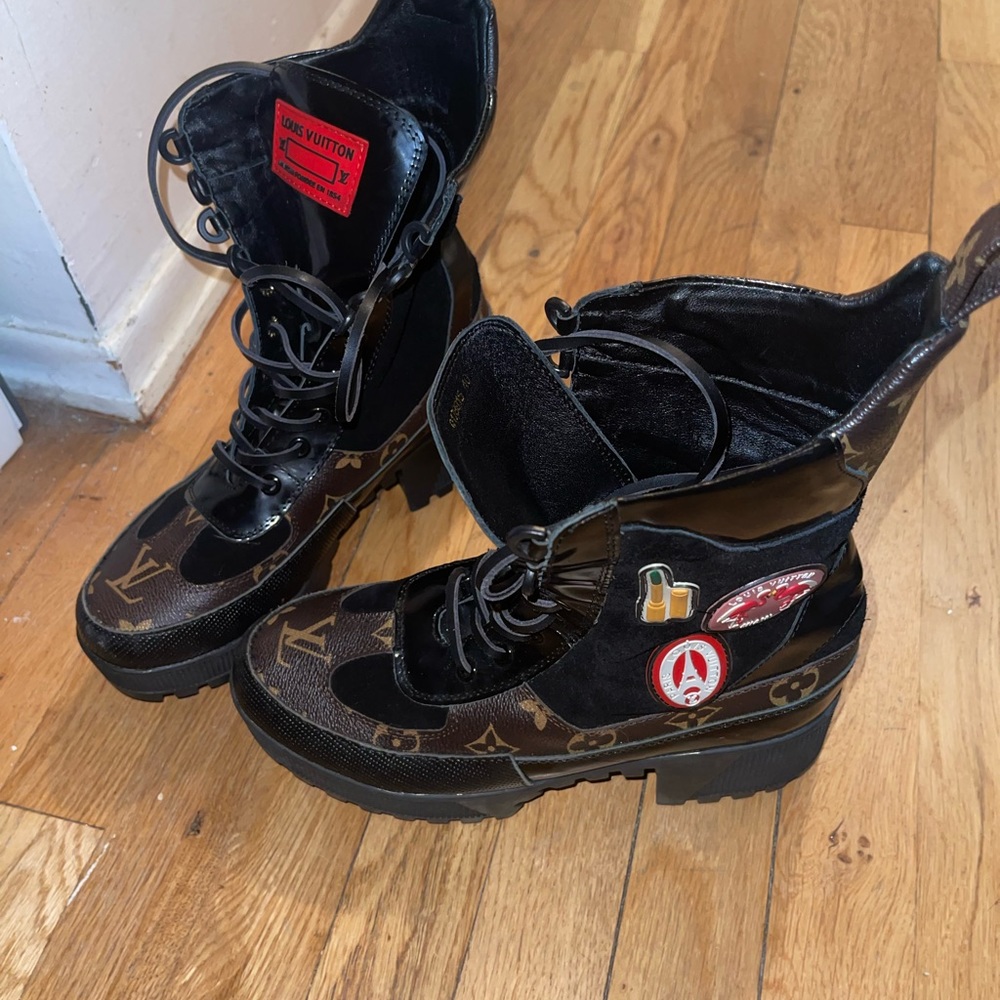 **NEGOTIABLE** Louis Vuitton combat boots with patches for women
